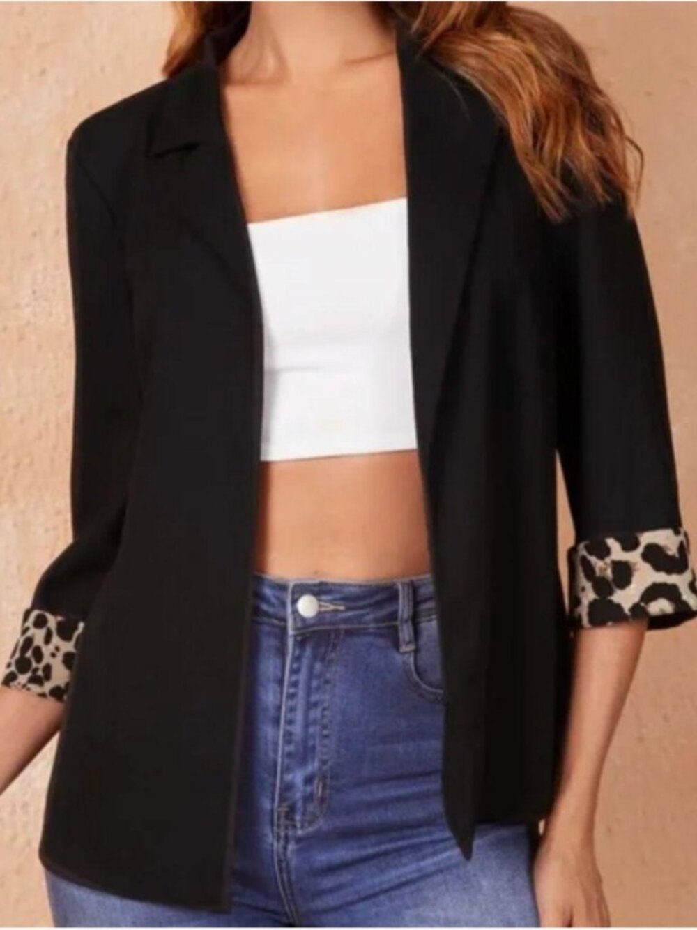Leopard Cuff Open Front Blazer medium